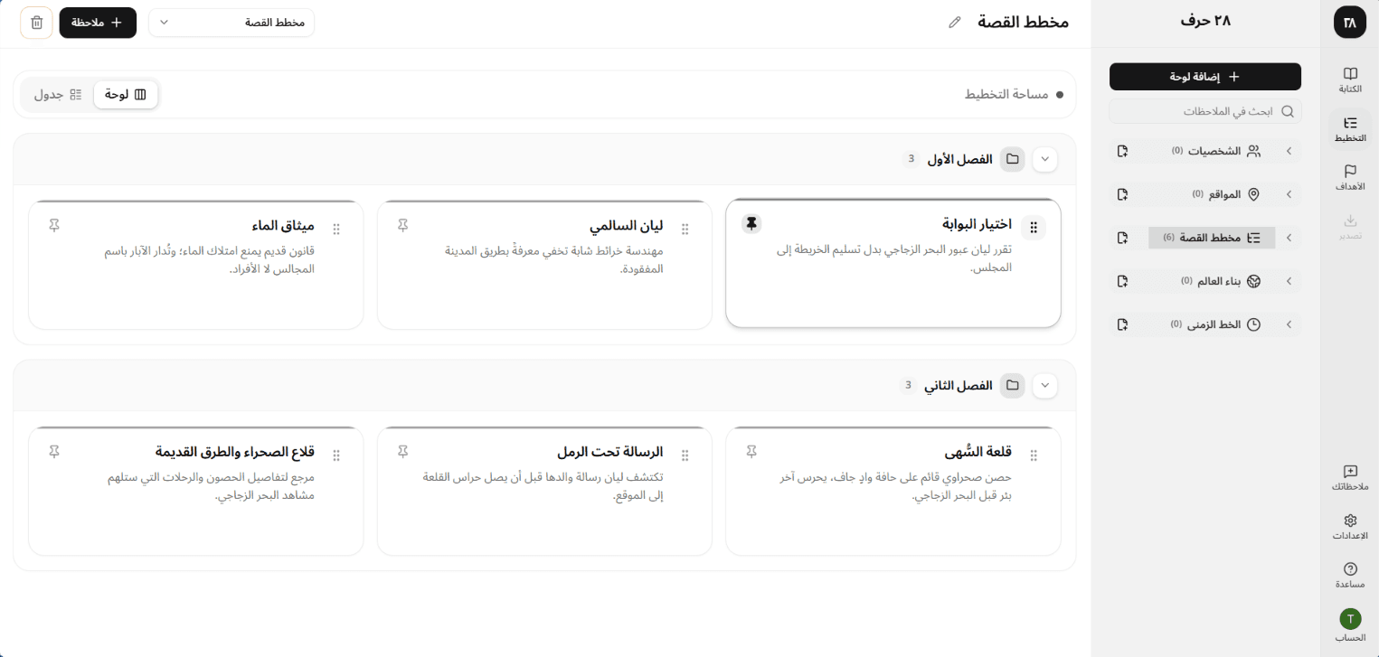 اللوحة نفسها معروضة مرة كبطاقات ومرة كجدول، مع بطاقة مثبتة ومقبض السحب ظاهر