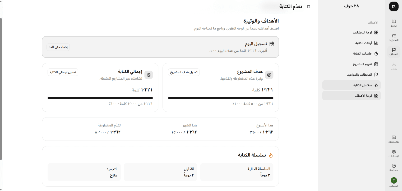 حوار تعديل هدف المشروع يعرض هدف الأسبوع والشهر والمخطوطة وحد السلسلة